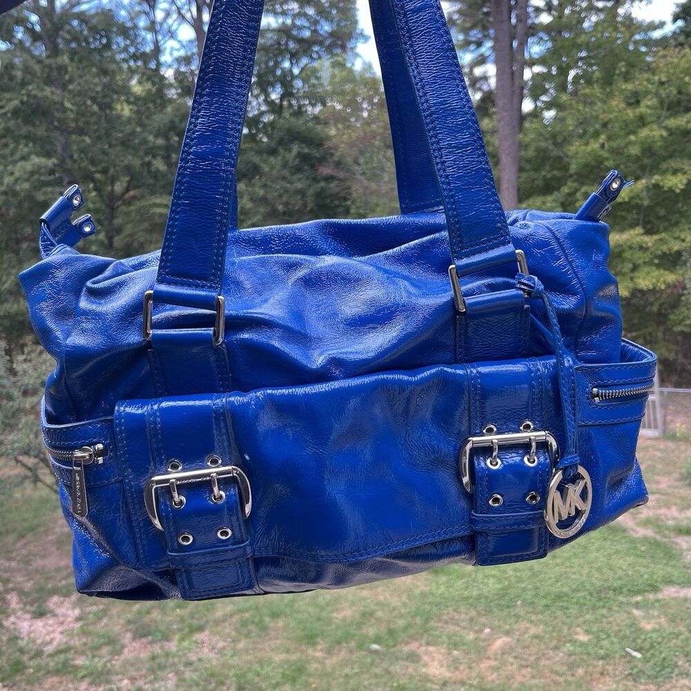 Michael Kors Royal Blue Patent Leather Satchel Purse with Silver Buckle Accents